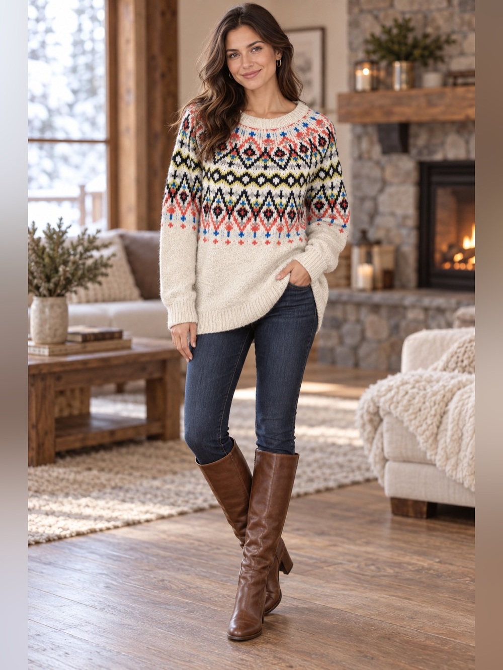 Aerie Fair Isle Oversized Tunic Sweater Women’s XS Ivory Nordic Knit Cowichan